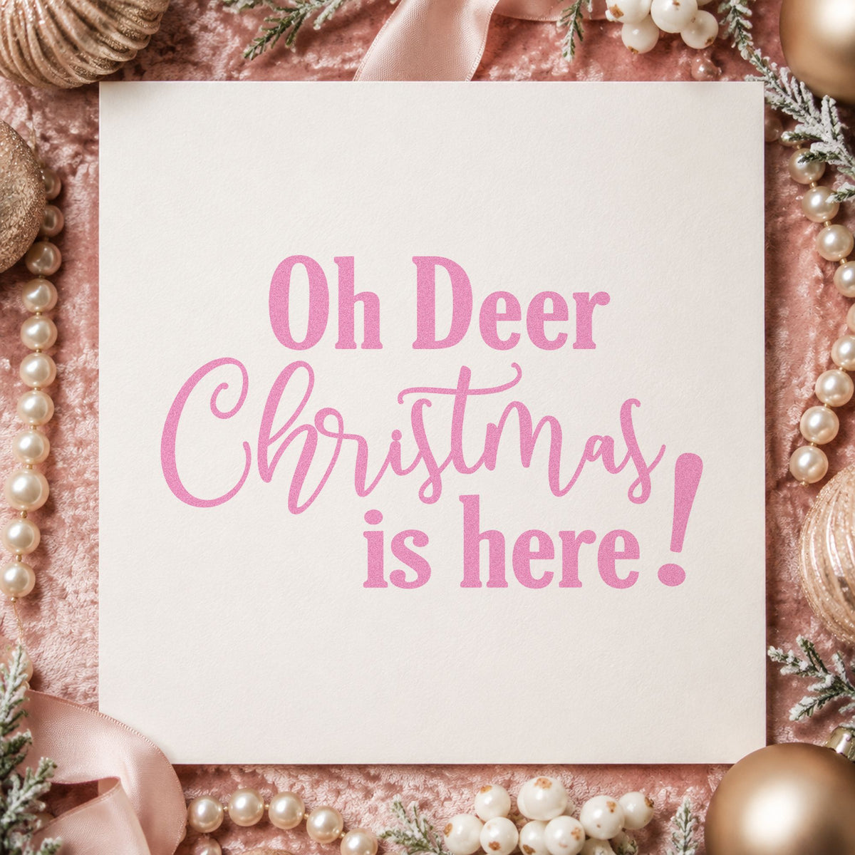 Oh Deer Christmas Here craft stamp in purple ink on cardstock, an easy option for busy season album.