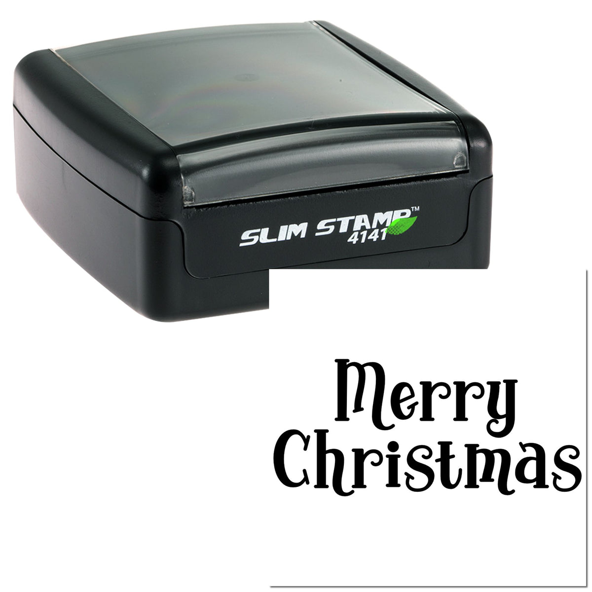 Black self-inking stamp and seal with gray cap, printing Merry Christmas in decorative black script.