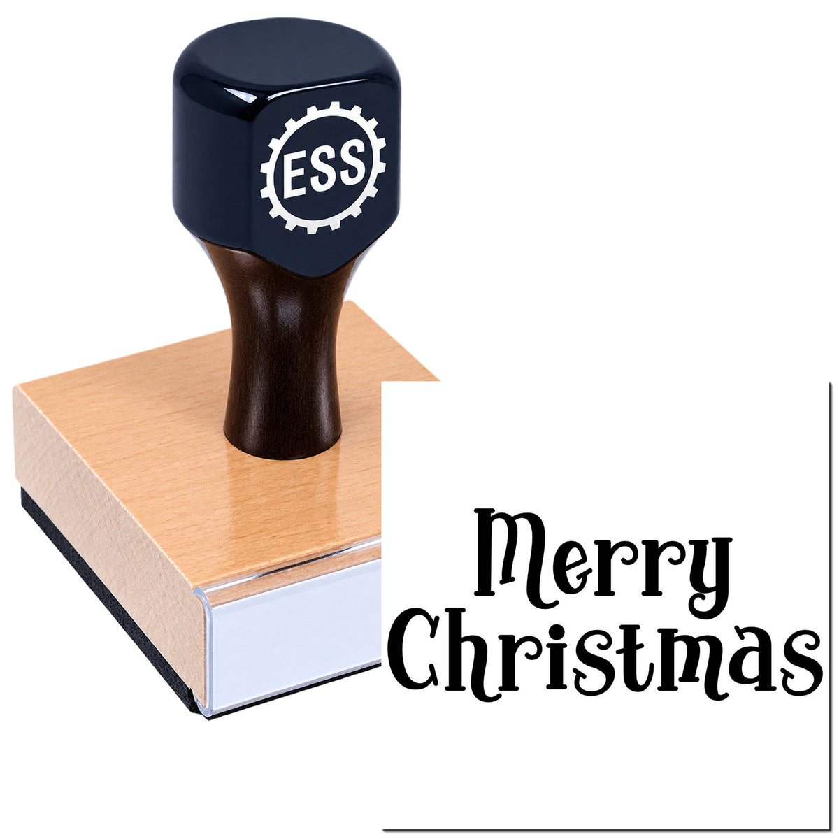 Dark blue ESS rubber stamp on a pink wood block with Merry Christmas seal text.