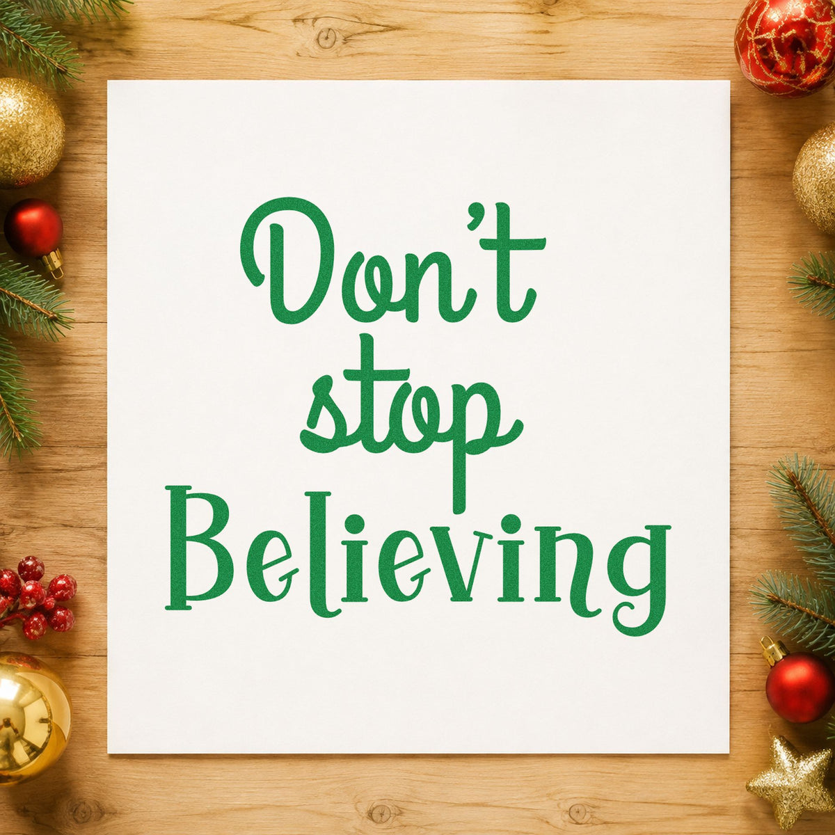 Don't Stop Believing craft stamp imprint in green ink on a handmade project, one idea being team rally placards.