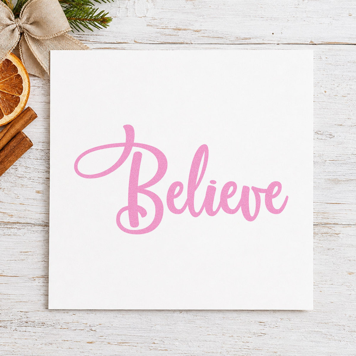 Believe Bold Script craft stamp in purple ink on cardstock, an easy option for initial album plate.