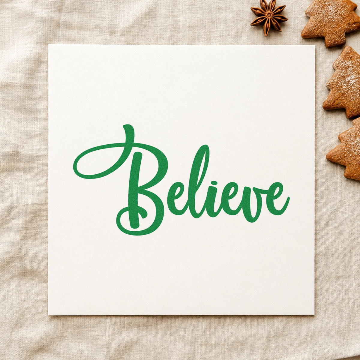 Believe Bold Script craft stamp imprint in green ink on a handmade project, one idea being place setting cards.