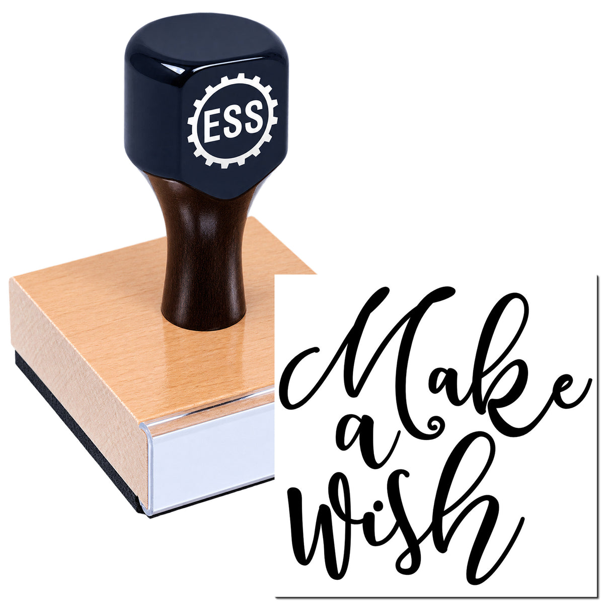 Black ESS seal stamp on a wooden base, with white calligraphy reading "Make a Wish" on a white background.