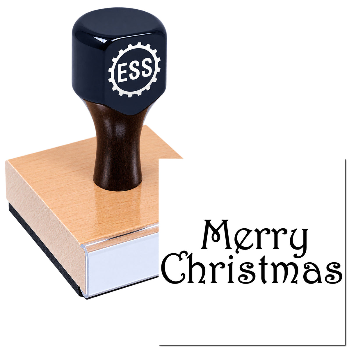 Black ESS rubber stamp and seal on pink wood base, with "Merry Christmas" in black script.