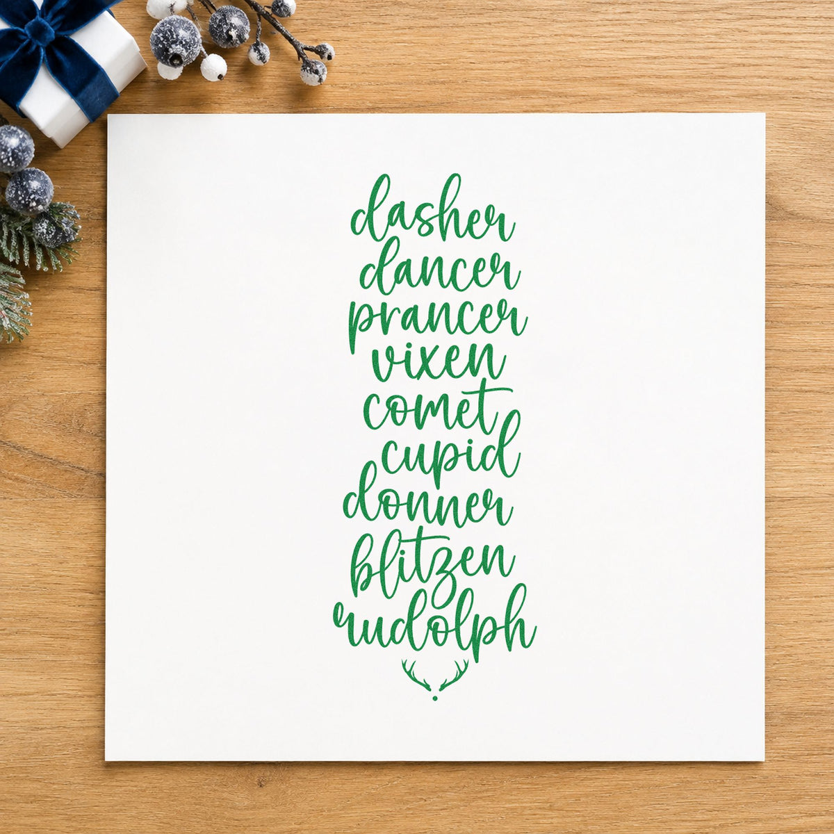 Santa Reindeer Names List craft stamp imprinted in green ink on paper, a design suited to framed narrow print.