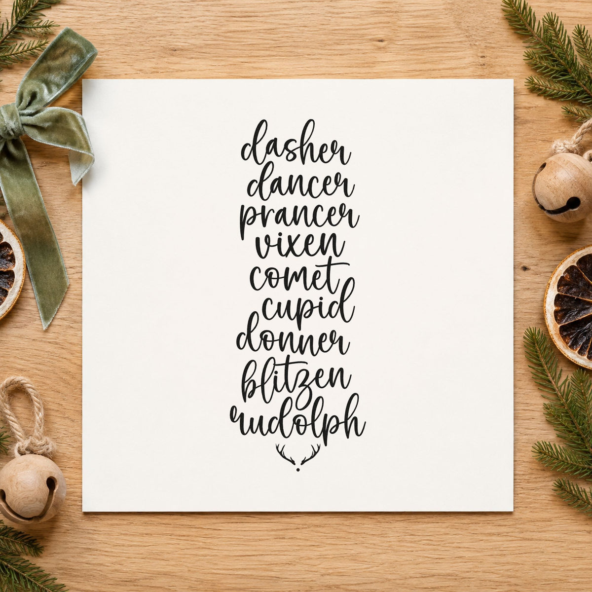 Santa Reindeer Names List rubber stamp printed in black ink, ready for nine names cards and similar paper crafts.