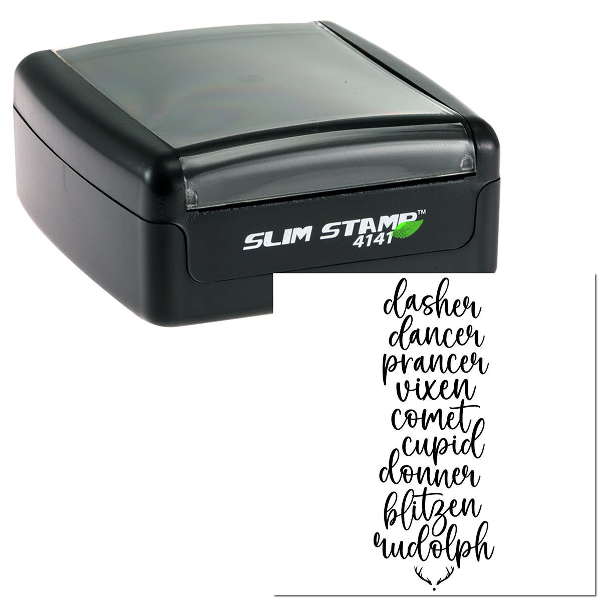 Black Slim Stamp 4141 self-inking stamp with gray lid and custom script seal names on a white background.