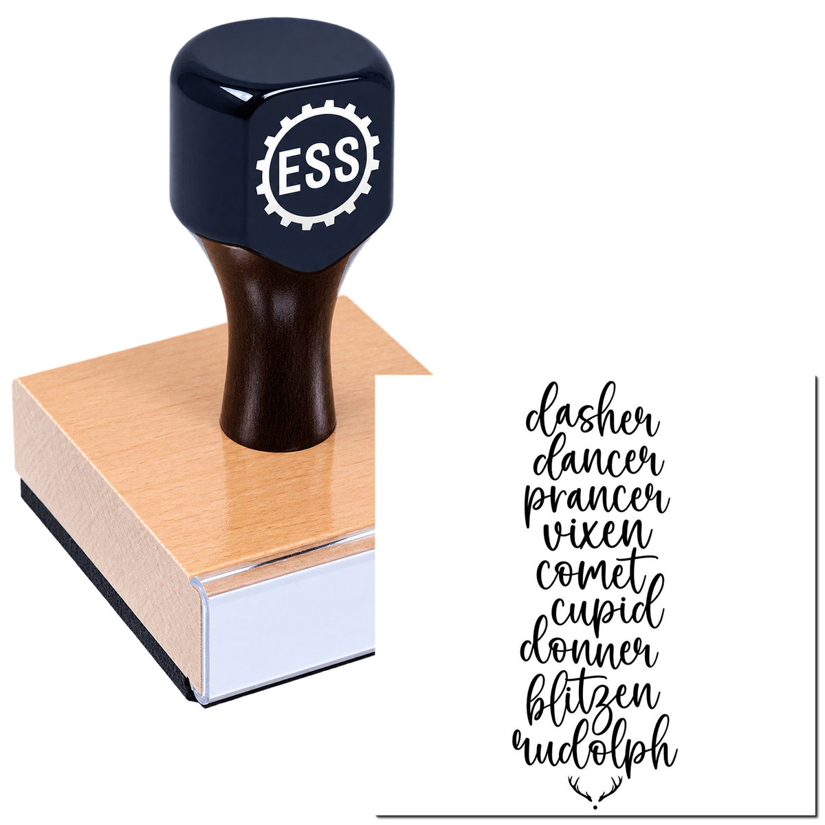 Black ESS self-inking stamp on a pink wood base beside a white seal design sheet with cursive black words and deer antlers.