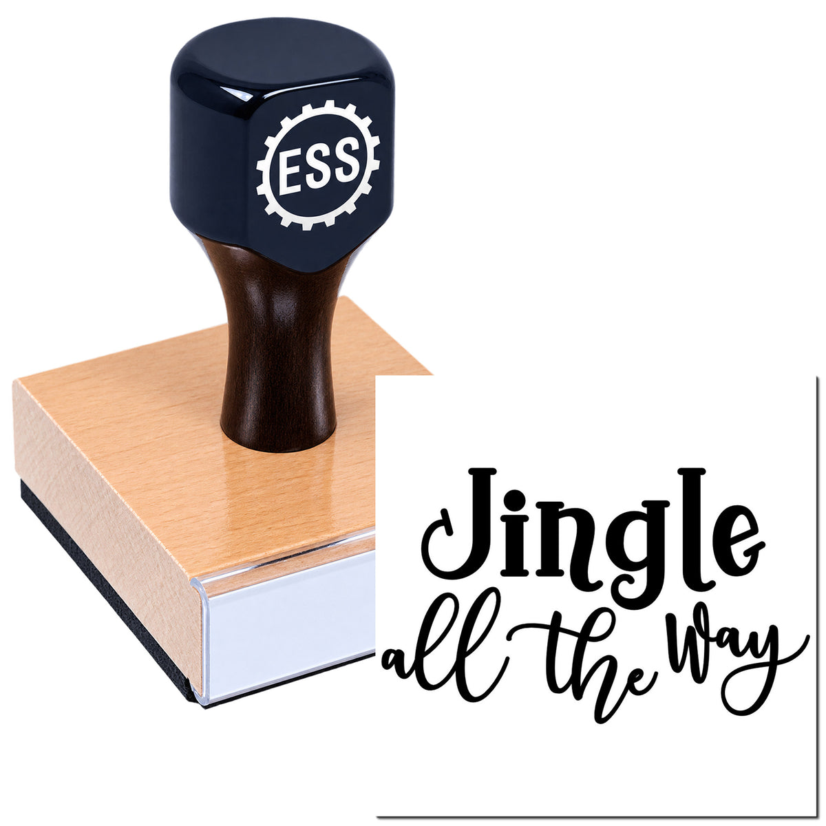 Navy ESS rubber stamp on wooden block with black "Jingle all the way" seal design.