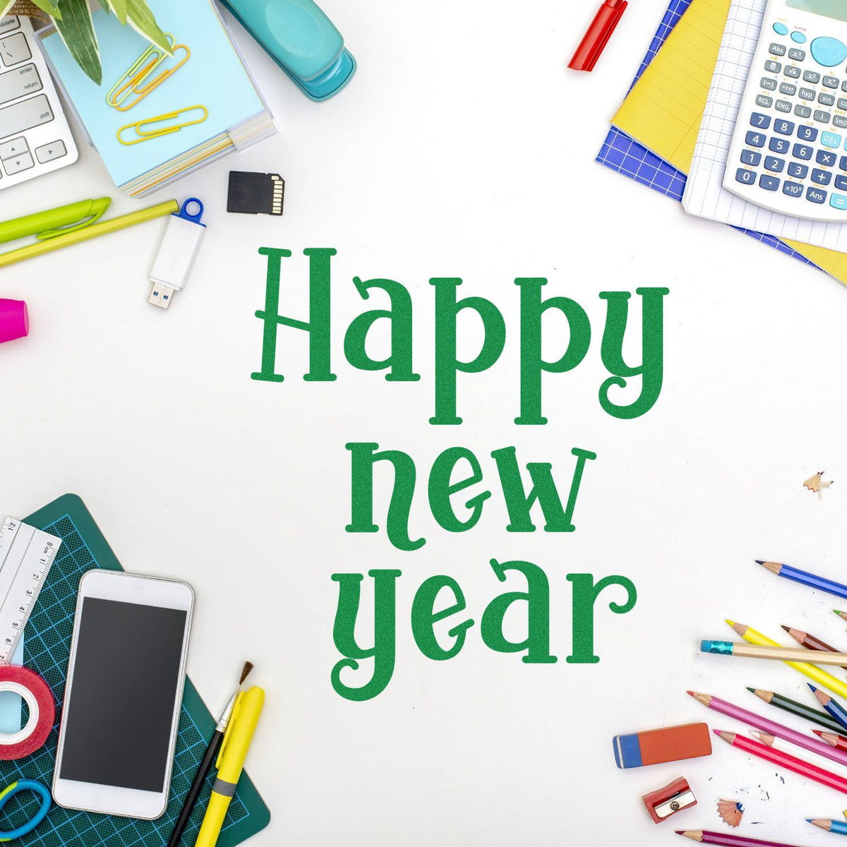 Green Happy New Year stamp and seal design surrounded by colorful office supplies on a white background.