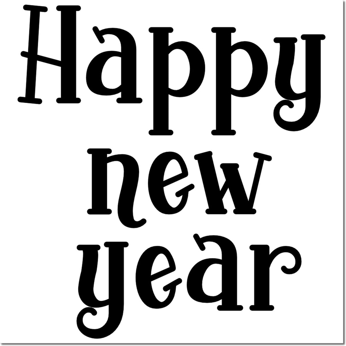 Black Happy New Year stamp/seal design with decorative serif lettering in black on a white background.