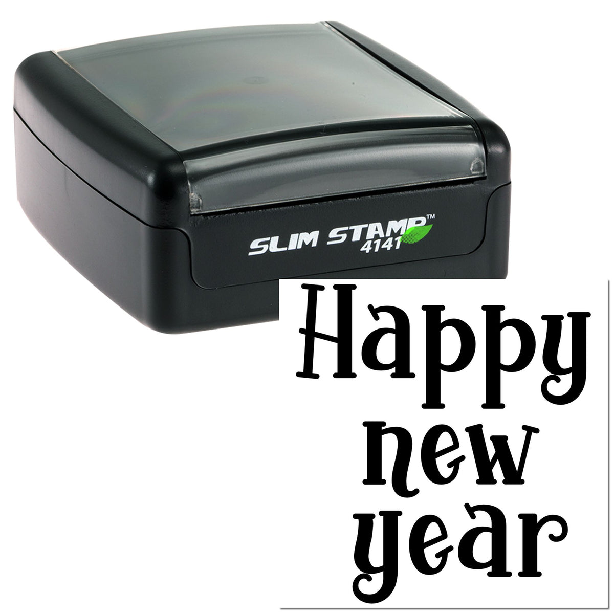Black self-inking Slim Stamp 4141 with Happy new year seal in bold black text on a white background.