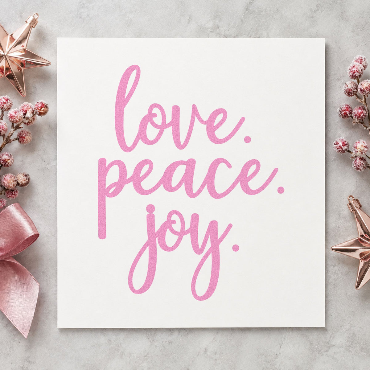 Love Peace Joy Script craft stamp in purple ink on cardstock, an easy option for triptych album page.