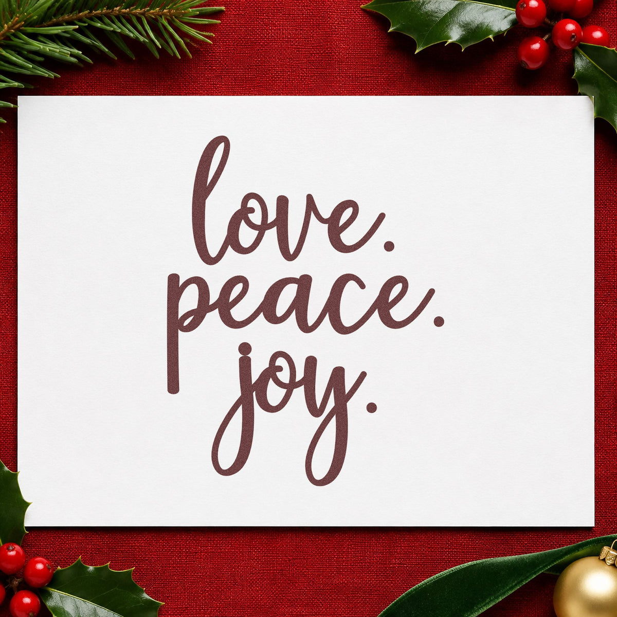 Love Peace Joy Script rubber stamp printed in brown ink, ready for weekly theme sheet and similar paper crafts.