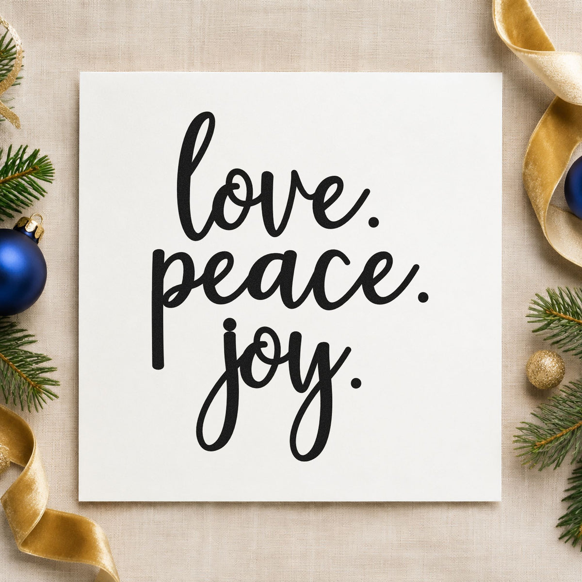 Love Peace Joy Script rubber stamp printed in black ink, ready for three word cards and similar paper crafts.