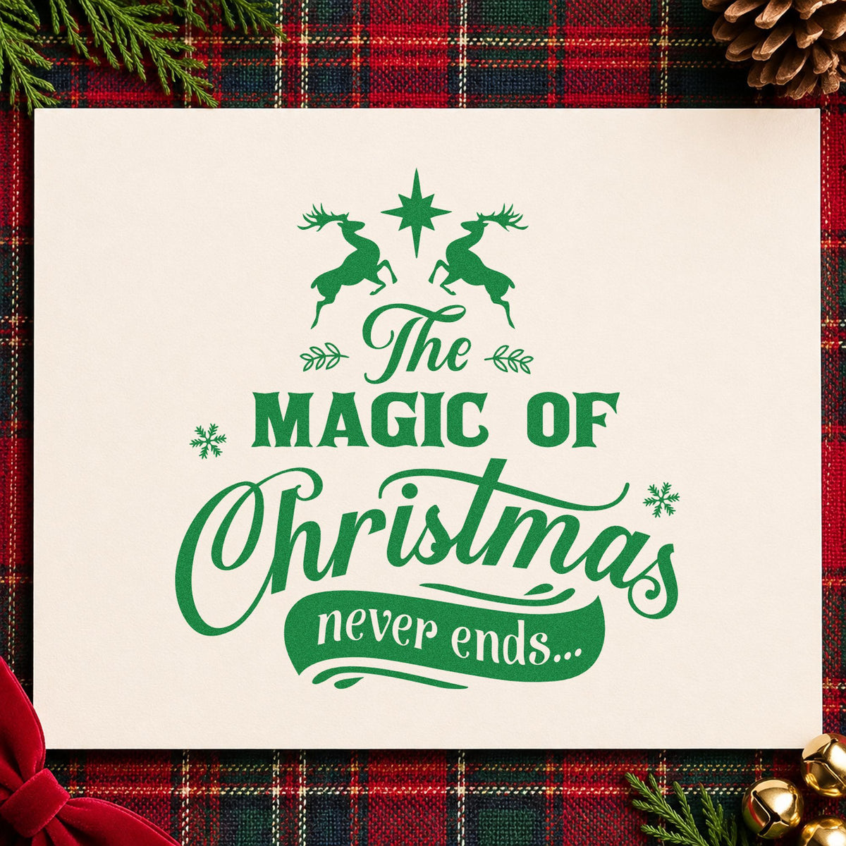 Magic Christmas Never Ends craft stamp imprint in green ink on a handmade project, one idea being keepsake tin tags.