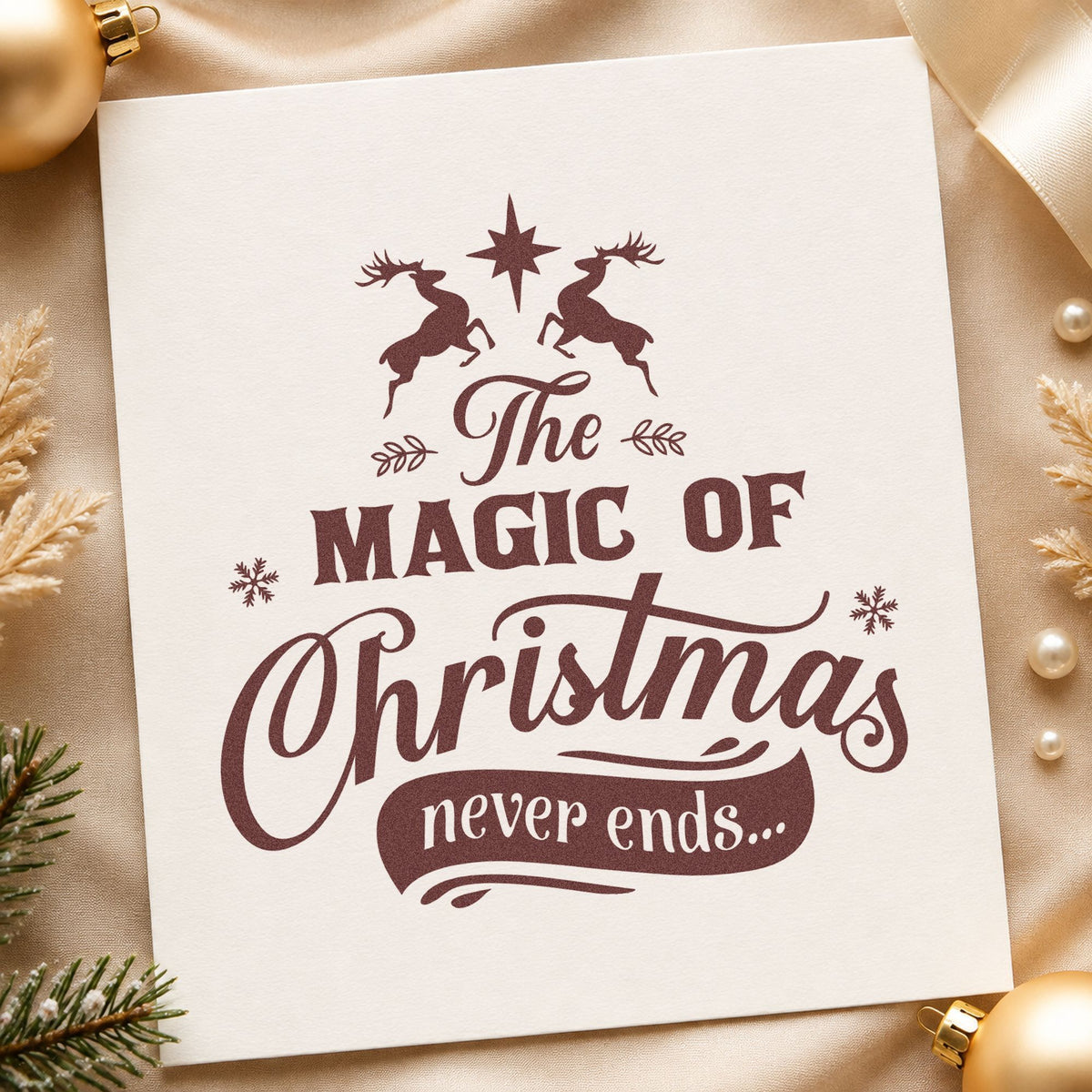 Magic Christmas Never Ends rubber stamp printed in brown ink, ready for memory box sheet and similar paper crafts.