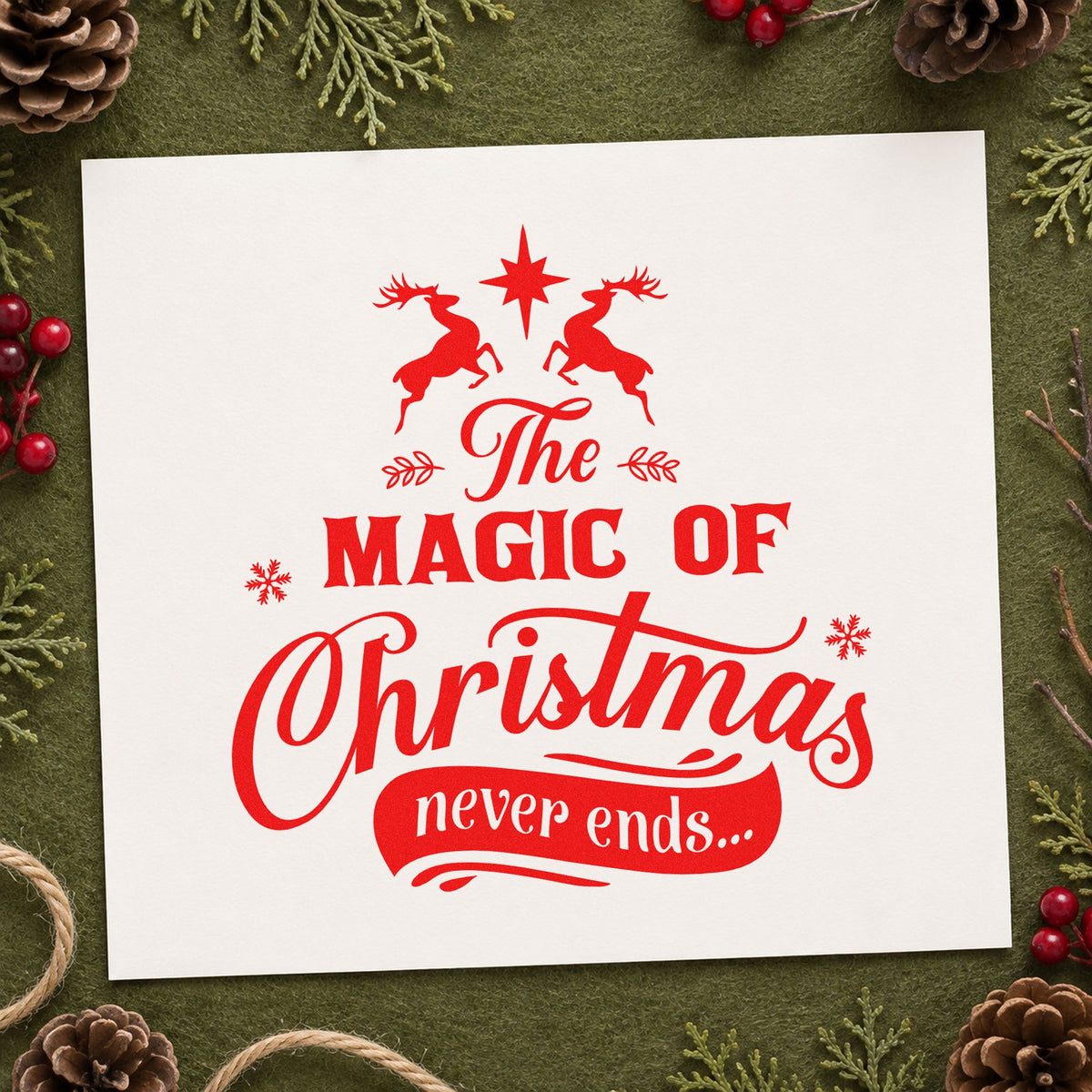 Magic Christmas Never Ends rubber stamp shown in red ink, stamped for projects such as archive bin labels.