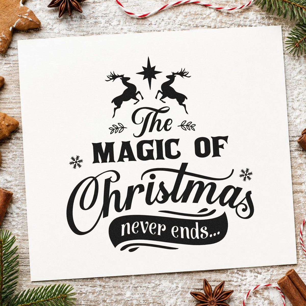 Magic Christmas Never Ends rubber stamp printed in black ink, ready for never ends cards and similar paper crafts.