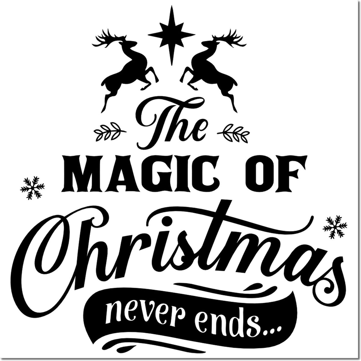 Black Christmas stamp and seal design with reindeer, star, snowflakes and script text The Magic of Christmas never ends...