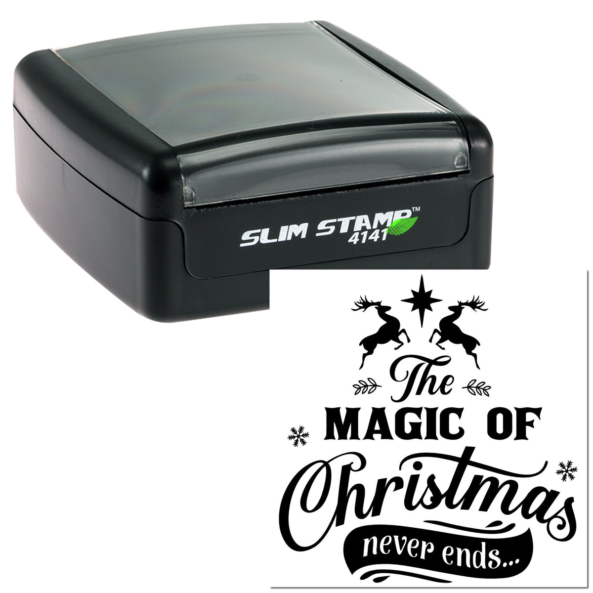 Black slim self-inking stamp with gray lid and Christmas seal design reading The Magic of Christmas never ends...