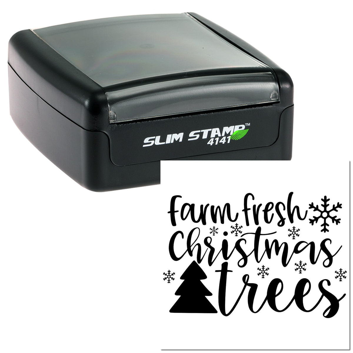 Black Slim Stamp self-inking seal with farm fresh Christmas trees in black script, snowflakes, and pine tree design.