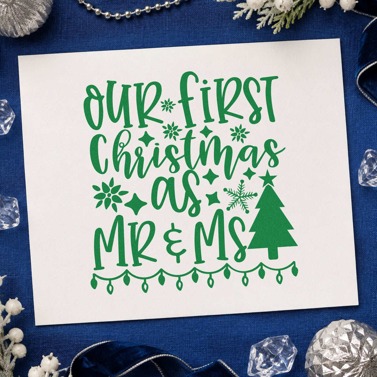 First Christmas Mr And Mrs Lights craft stamp imprint in green ink on a handmade project, one idea being wood disc ornaments.