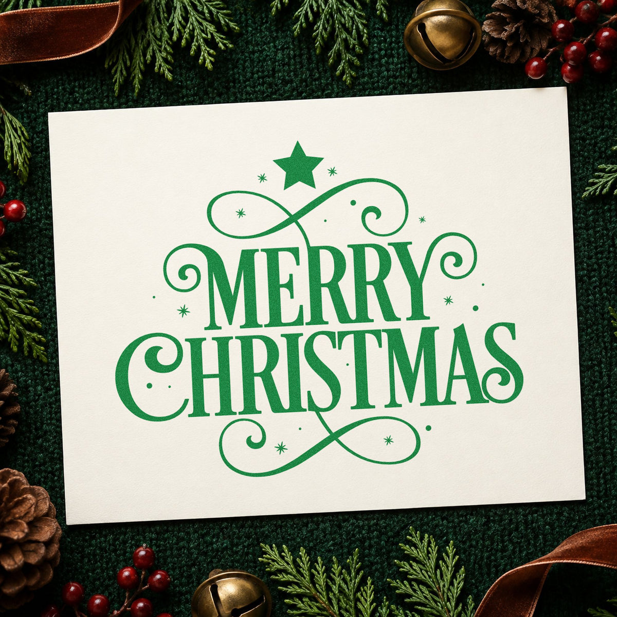Merry Christmas Ornamental Flourishes craft stamp imprinted in green ink on paper, a design suited to framed ballroom easel.