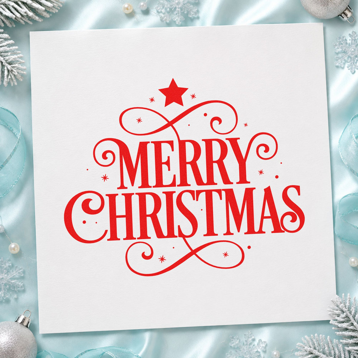 Merry Christmas Ornamental Flourishes rubber stamp shown in red ink, stamped for projects such as envelope back seals.