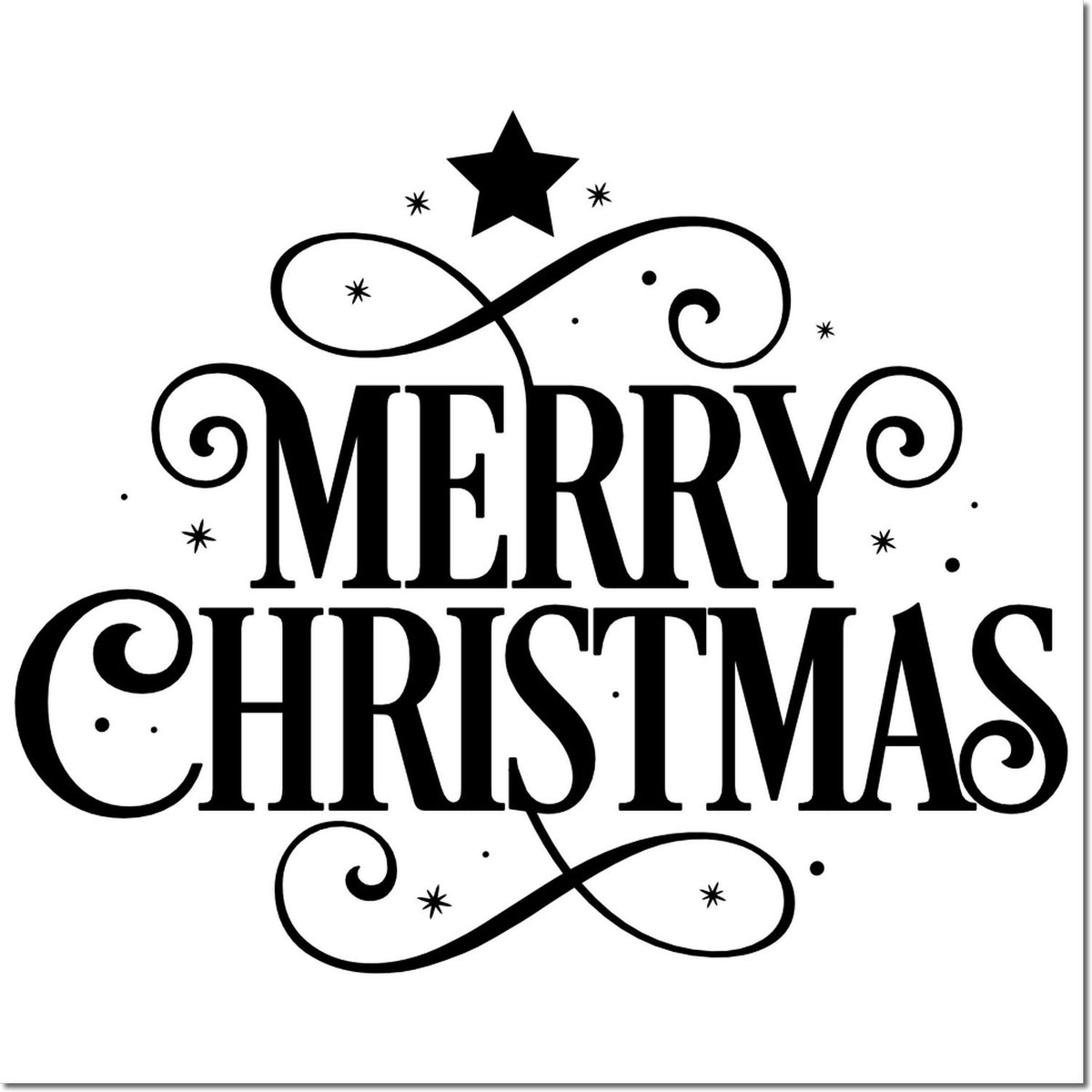 Black decorative Merry Christmas stamp seal with star and swirling flourishes on a white background.