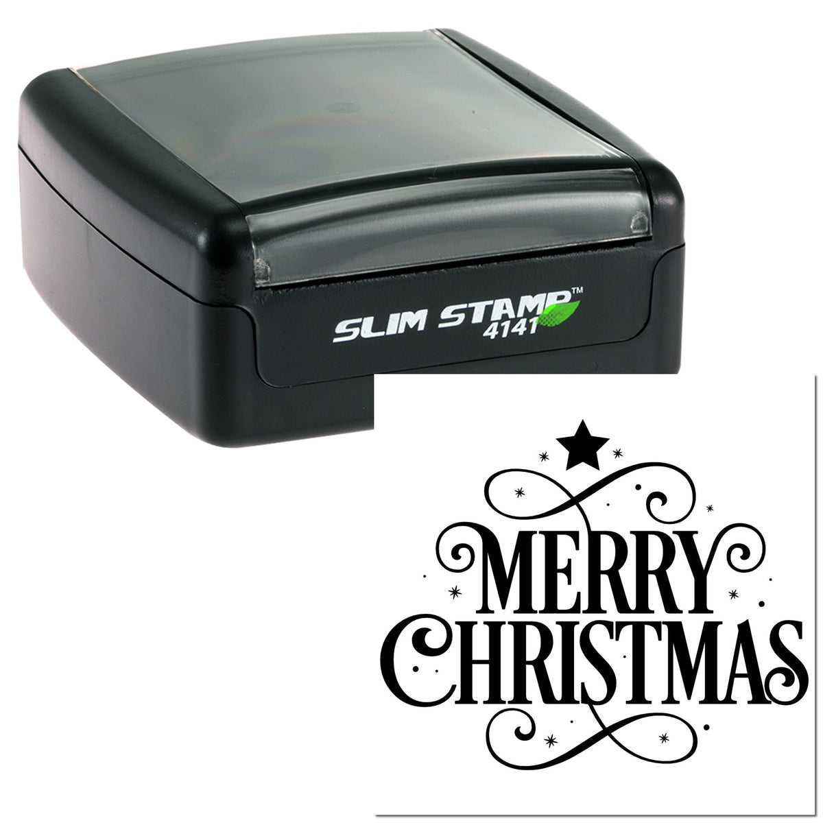 Black self-inking stamp with clear lid and Merry Christmas decorative seal imprint in bold black.
