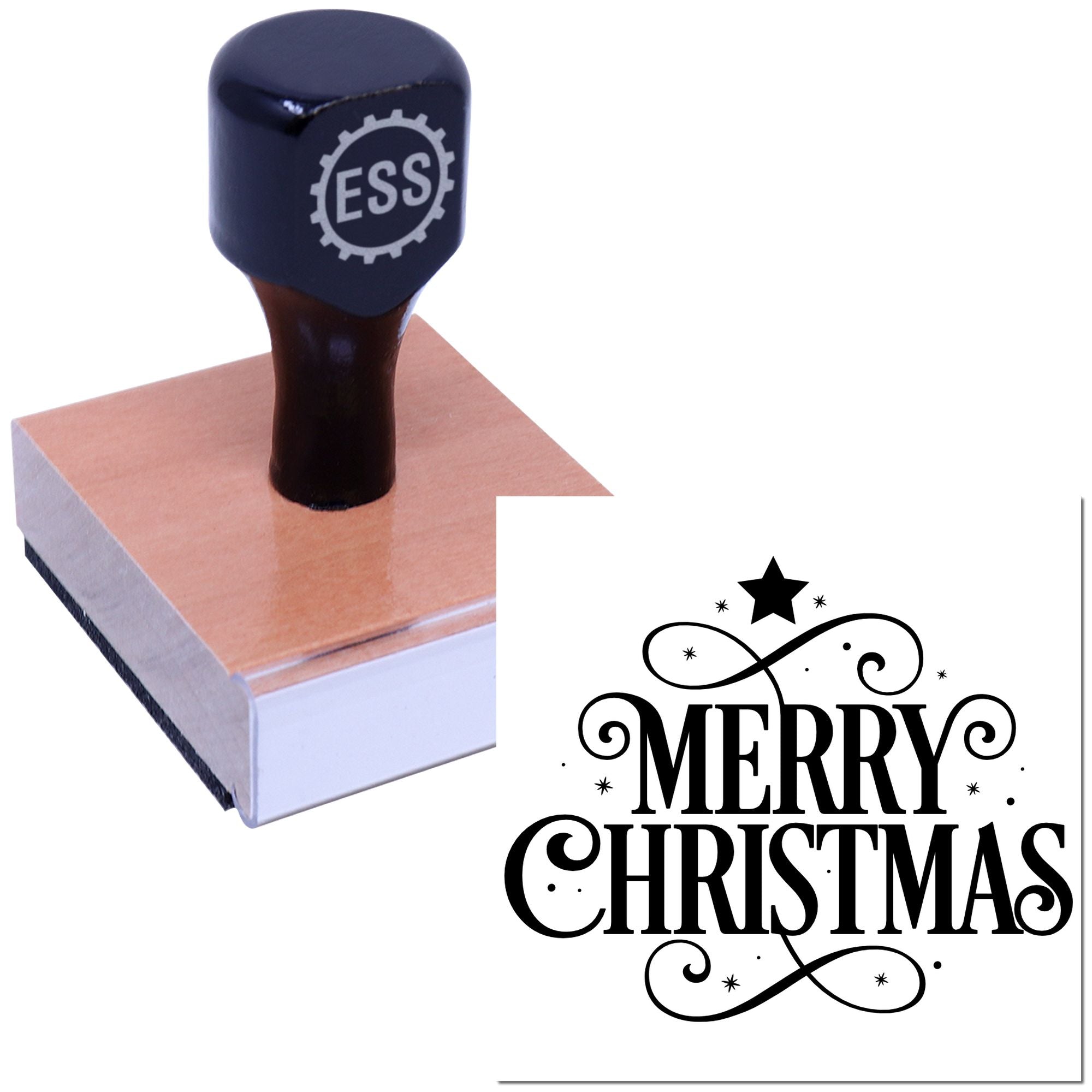 Black ESS rubber stamp and seal on wooden block with Merry Christmas design and decorative swirls.