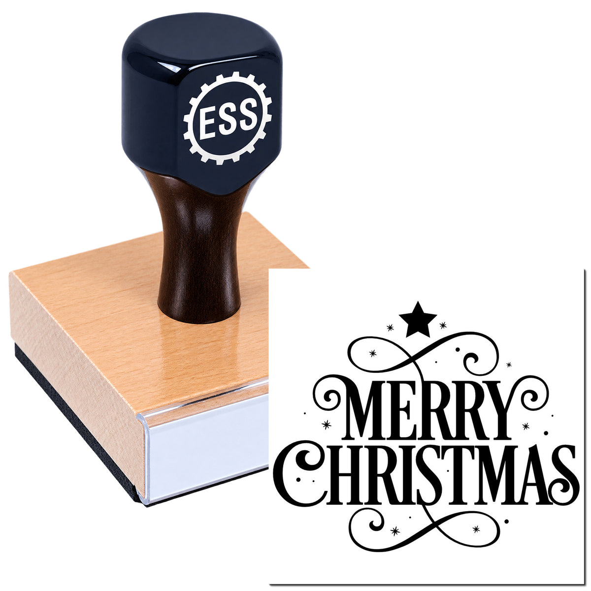 Black ESS rubber stamp and seal on wooden block with Merry Christmas design and decorative swirls.