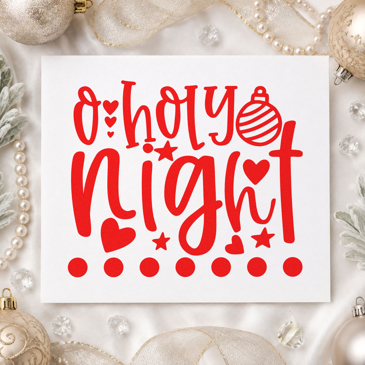 O Holy Night Hearts craft stamp in red ink on cardstock, an easy option for felt circle printing.