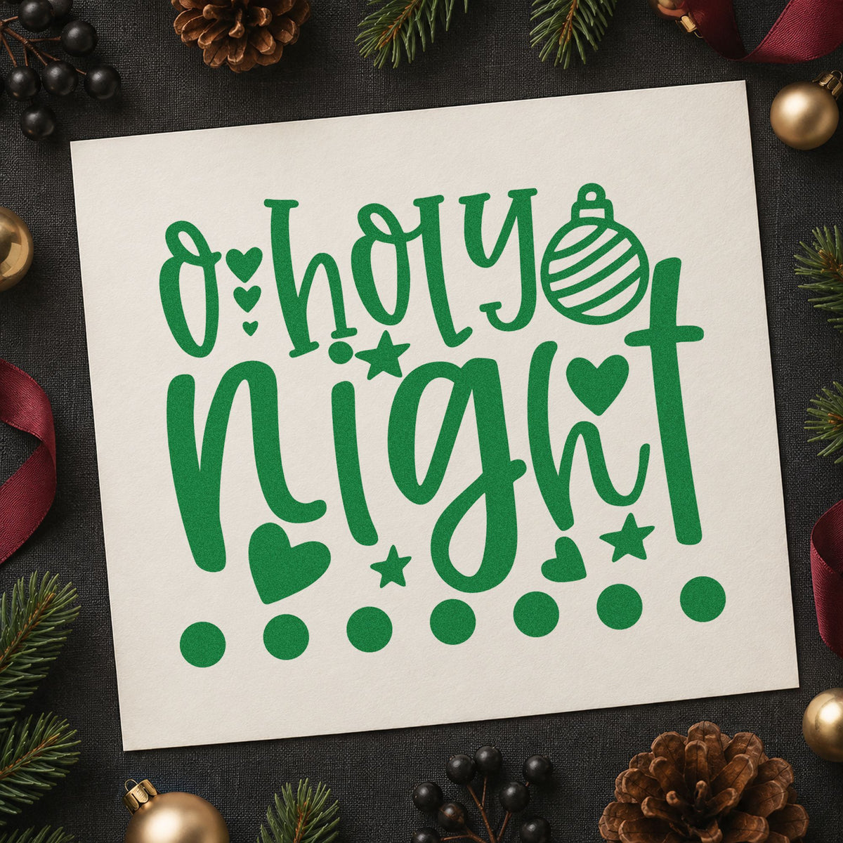 O Holy Night Hearts craft stamp imprinted in green ink on paper, a design suited to framed tree corner.