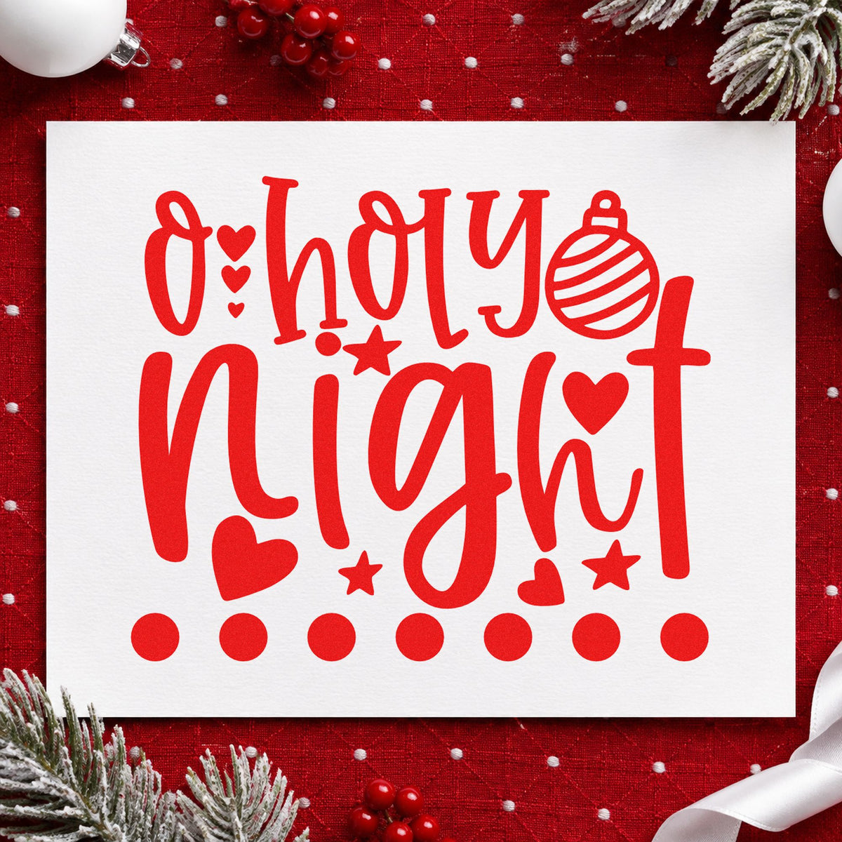 O Holy Night Hearts rubber stamp shown in red ink, stamped for projects such as hook pack labels.