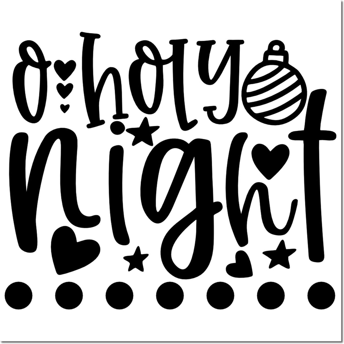 Black holiday night stamp and seal design with hearts, stars, ornament, and dot accents on a white background.