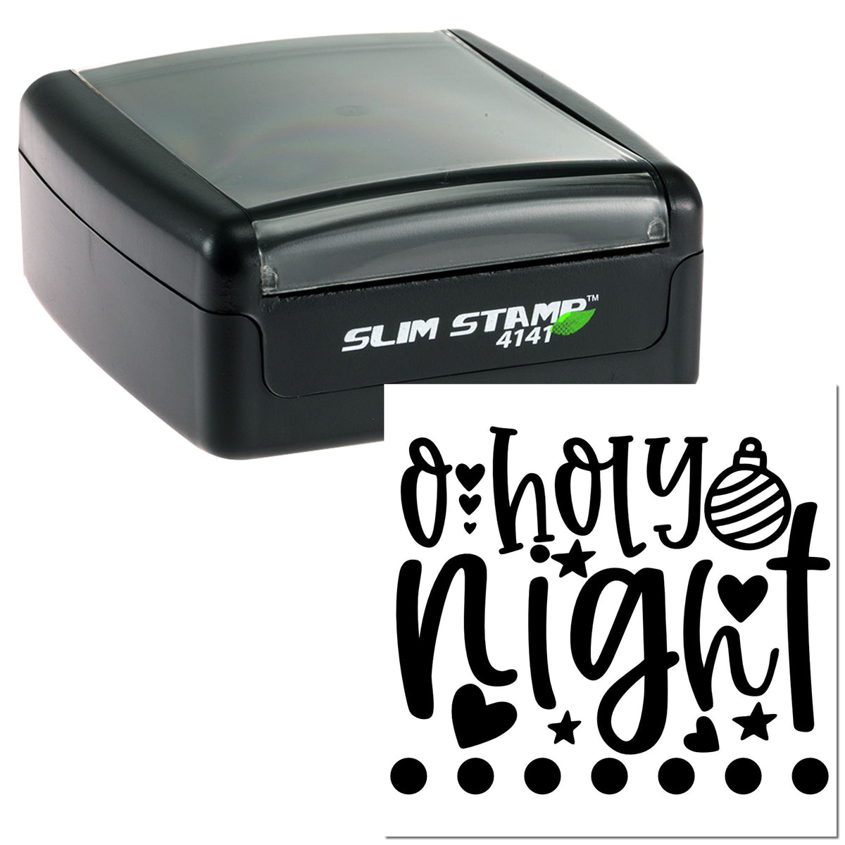 Black Slim Stamp 4141 self-inking stamp with clear lid and decorative black seal design featuring hearts and stars.