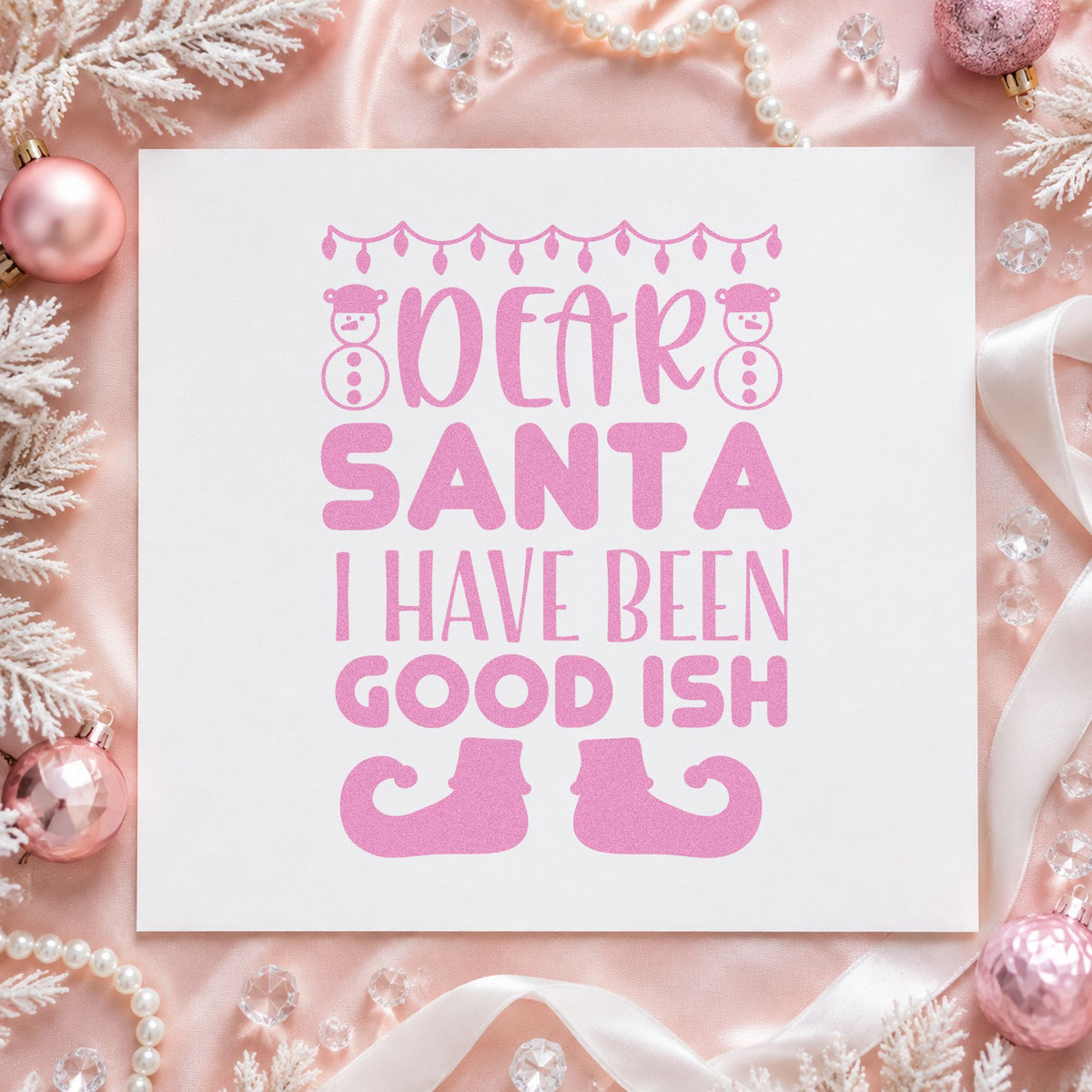 Dear Santa Good Ish craft stamp in purple ink on cardstock, an easy option for kids' gift tags.