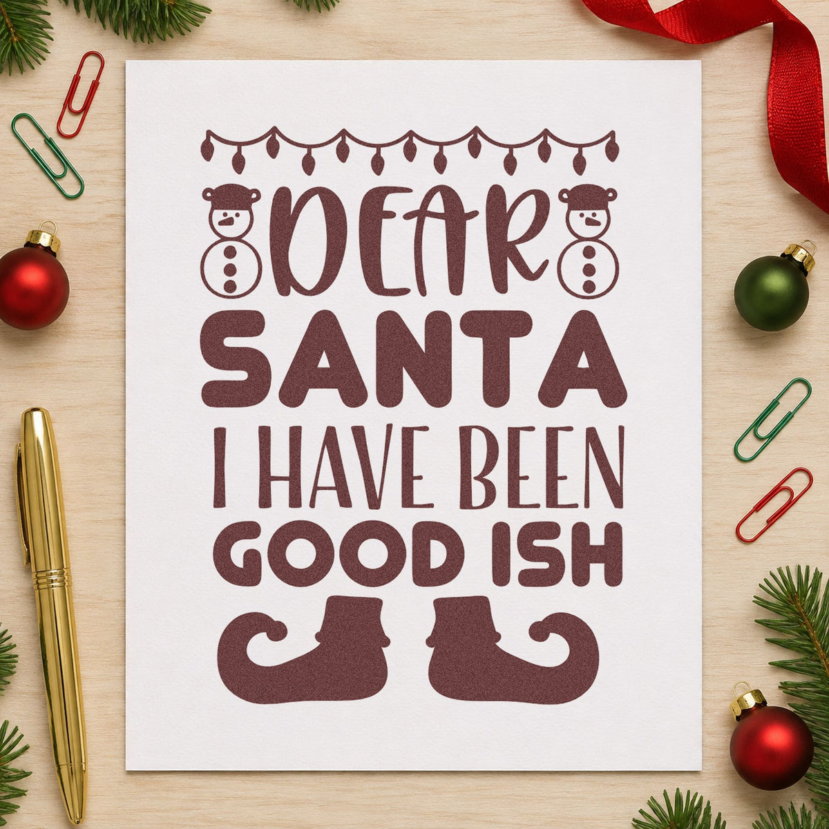 Dear Santa Good Ish rubber stamp printed in brown ink, ready for white elephant labels and similar paper crafts.