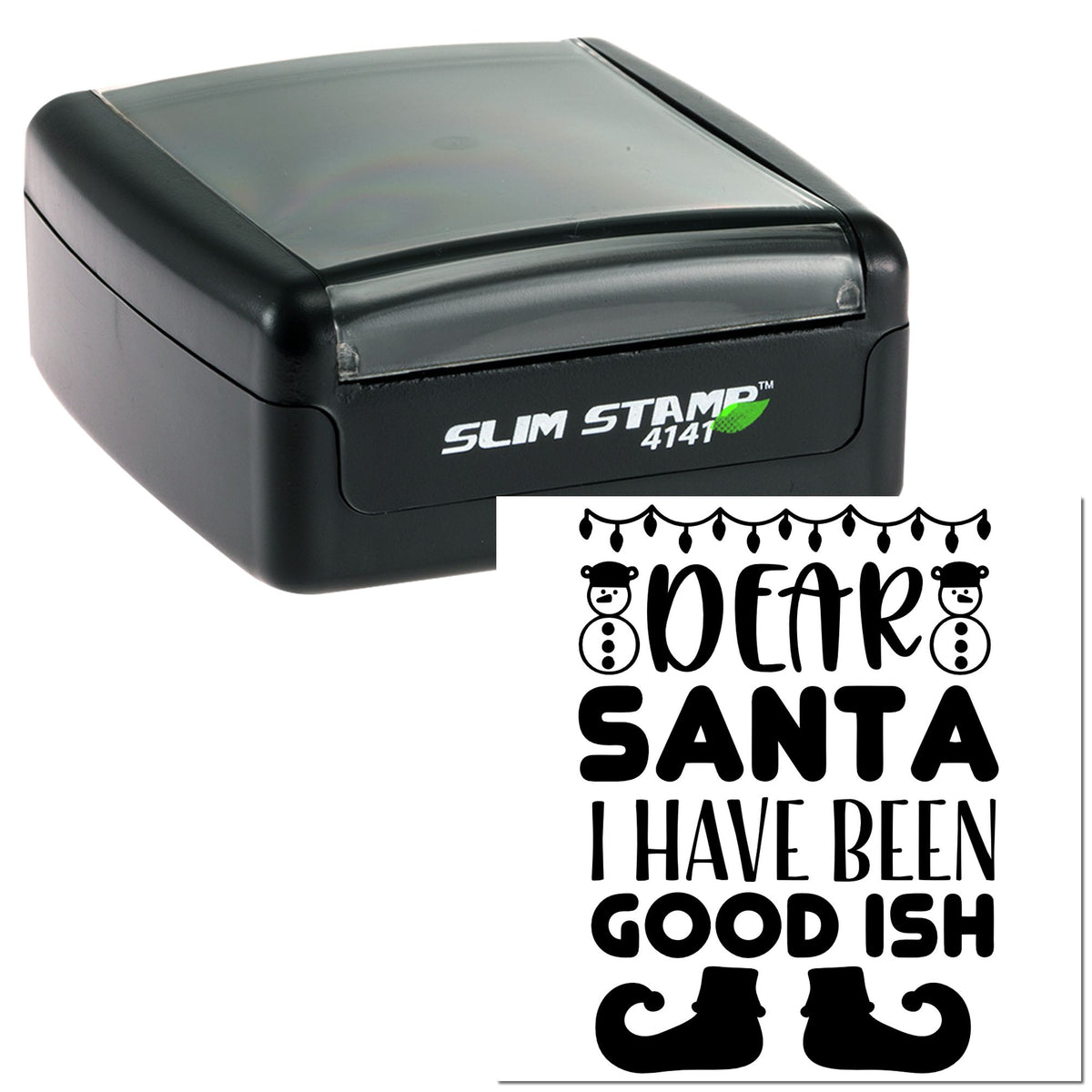 Black Slim Stamp 4141 self-inking stamp with matching Dear Santa seal sticker in black and white, featuring snowmen and boots.