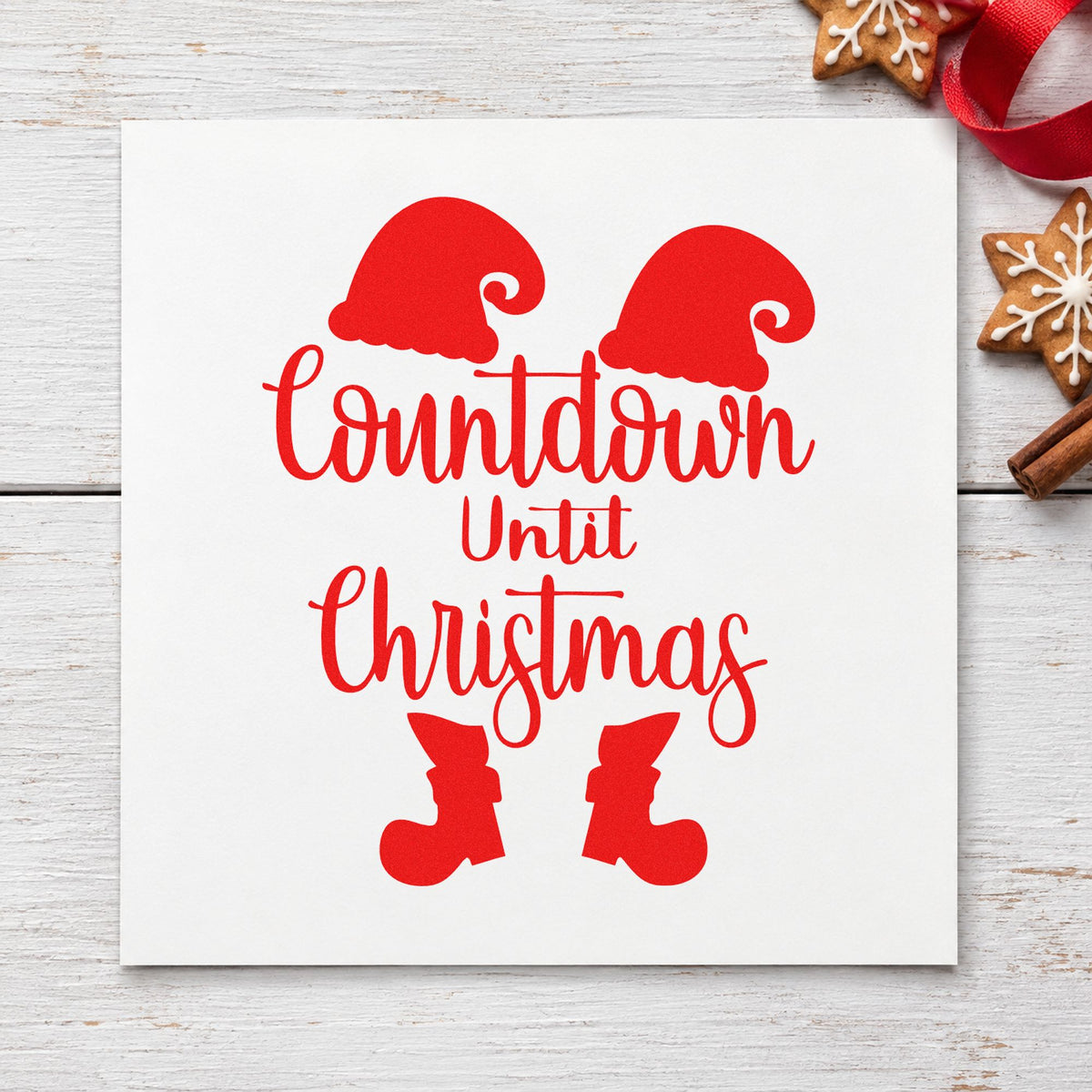Countdown Until Christmas Elf craft stamp in red ink on cardstock, an easy option for pocket hanging ink.