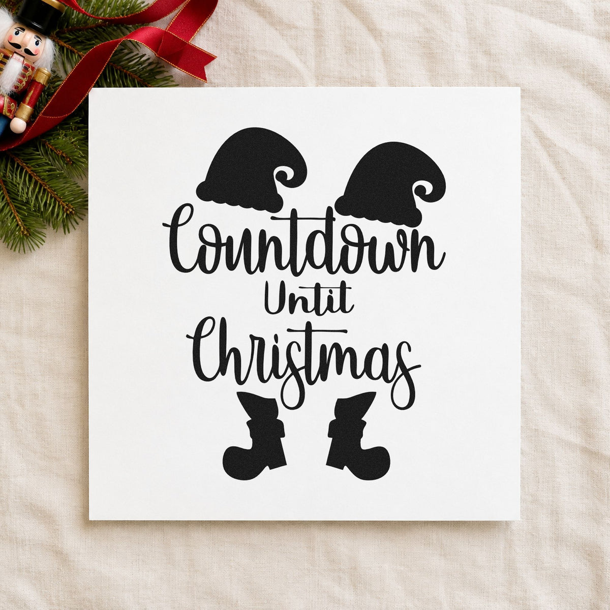 Countdown Until Christmas Elf rubber stamp printed in black ink, ready for countdown frame cards and similar paper crafts.