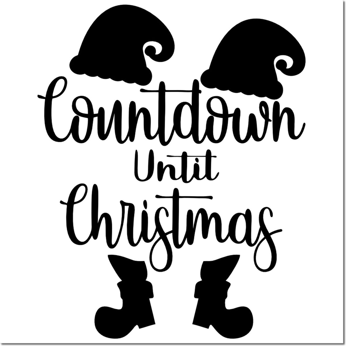 Black Countdown Until Christmas stamp and seal design with Santa hat, boots, and festive script.