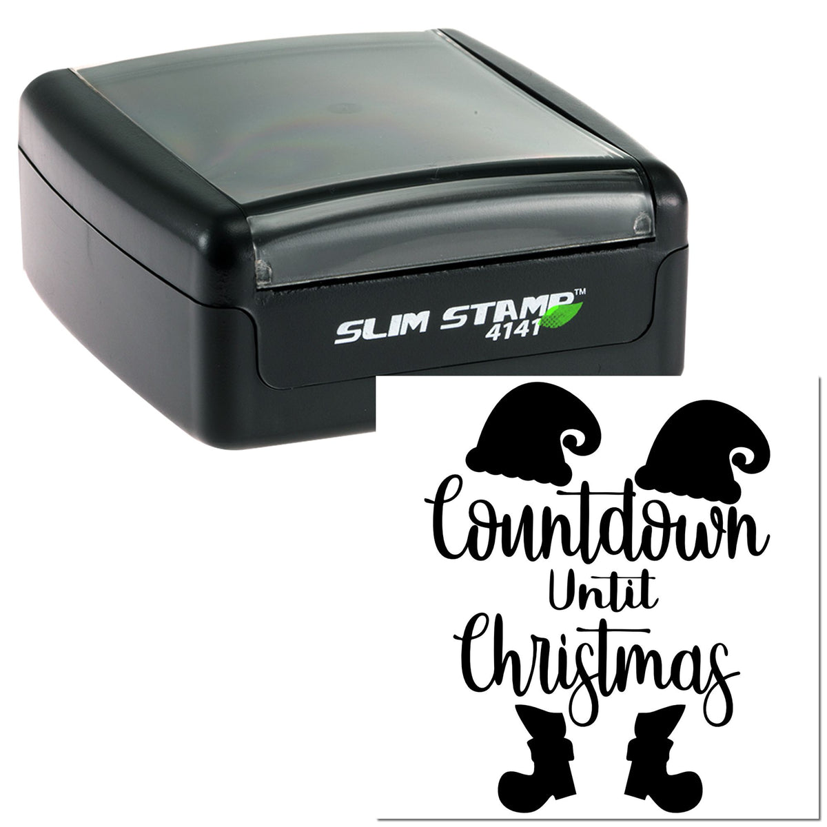 Black slim self-inking stamp and seal with gray lid, featuring Countdown Until Christmas text, boots, and hats.