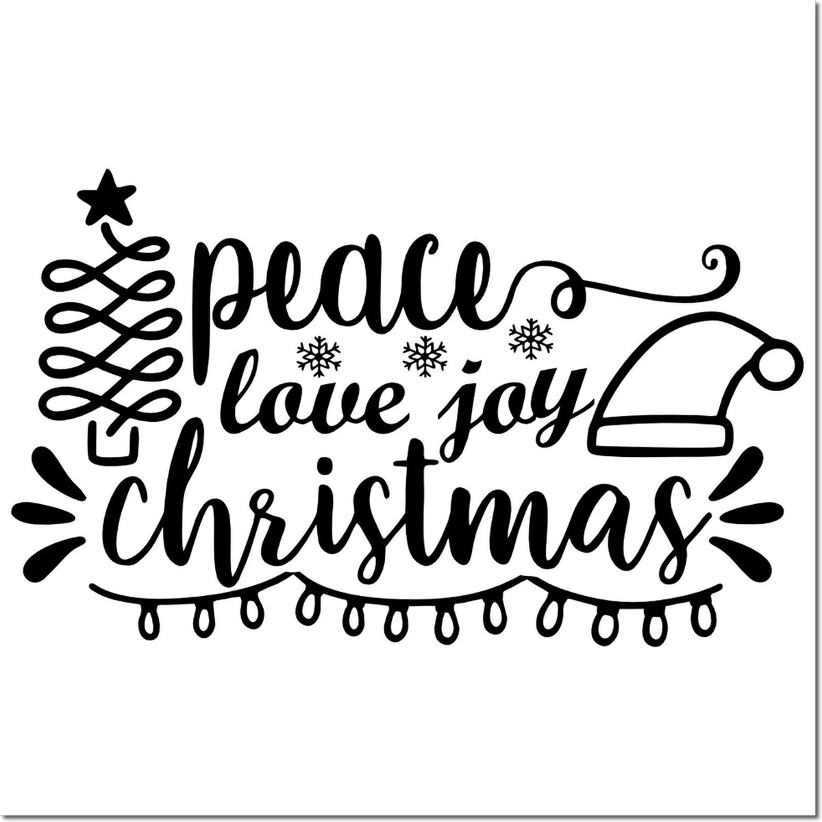 Black Christmas stamp/seal design with peace love joy script, Santa hat, snowflakes, and tree outline on white background.