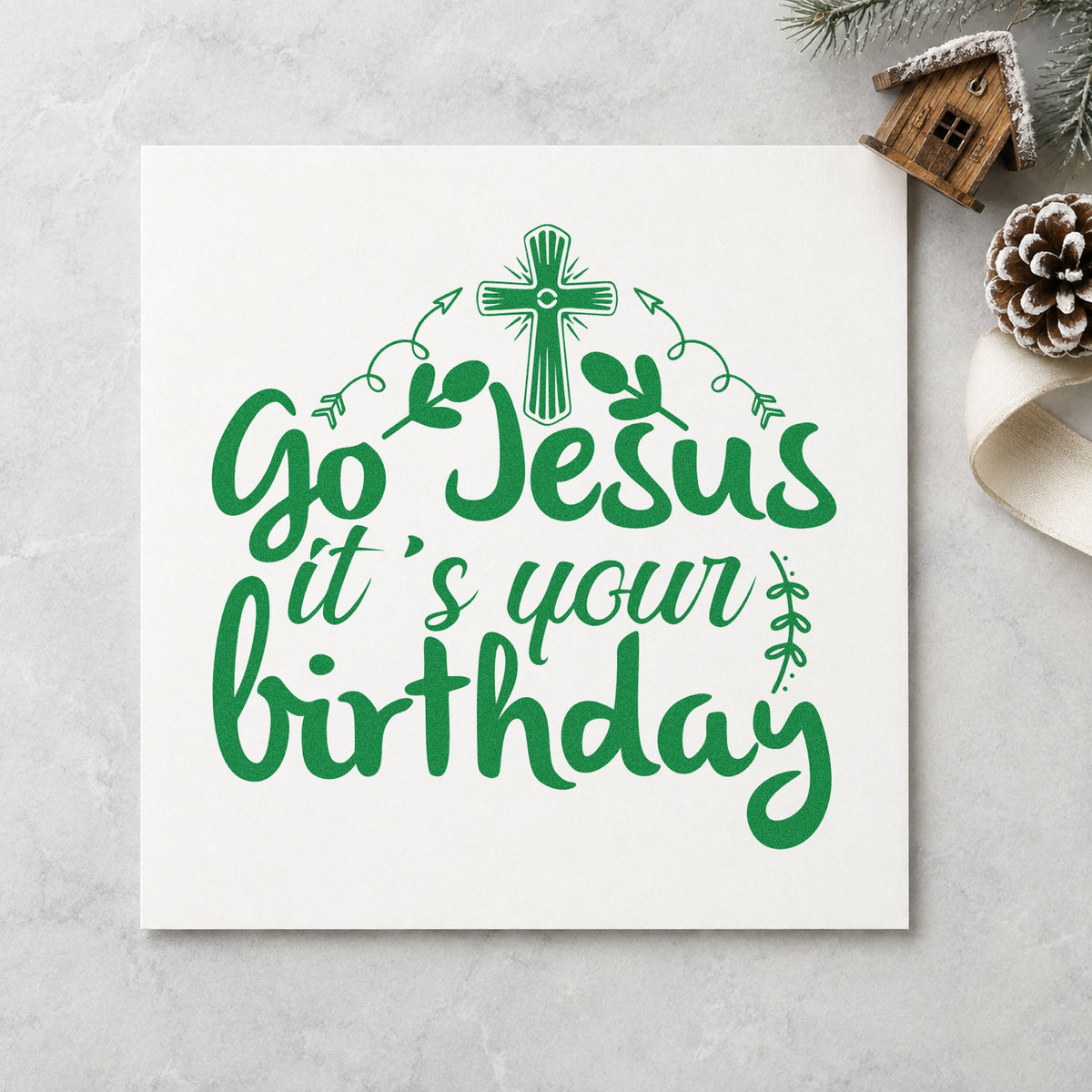 Go Jesus It's Your Birthday craft stamp imprint in green ink on a handmade project, one idea being faith journal pages.