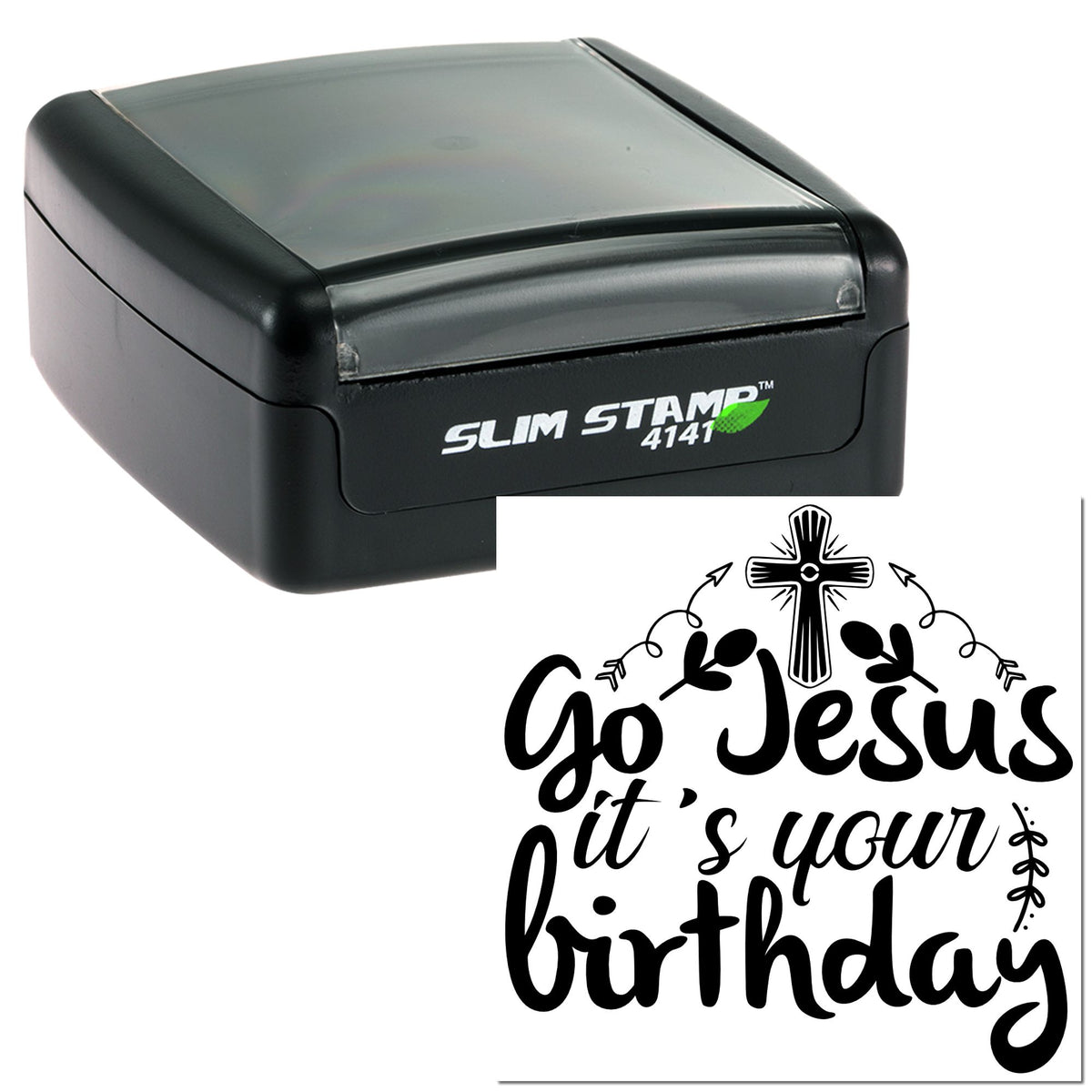 Black self-inking stamp and seal set with cross emblem and bold Go Jesus its your birthday script on white.