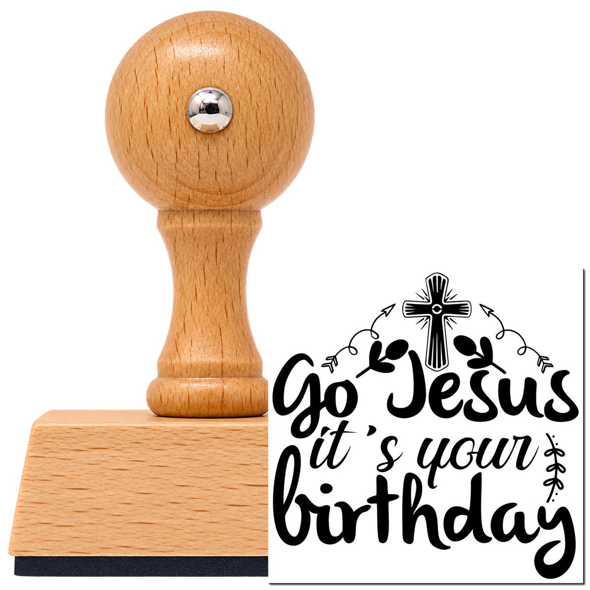 Vintage Pro beech wood stamp with a round knob handle, shown with its black Go Jesus It's Your Birthday imprint on white.