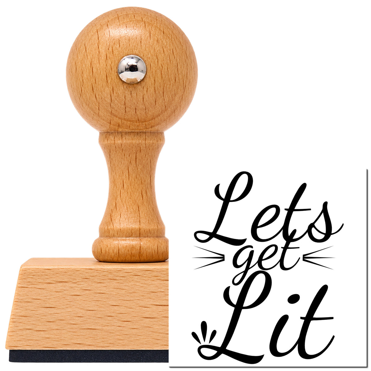 Vintage Pro beech wood stamp with a round knob handle, shown with its black Let's Get Lit imprint on white.